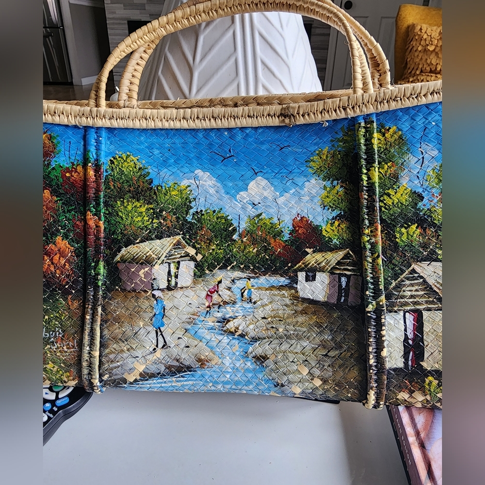 Handmade hand painted Raffia tote
